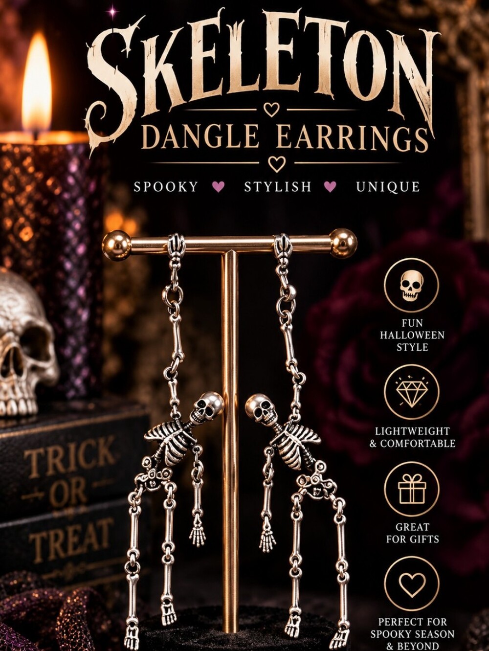 Skeleton Dangle Earrings — Silver Halloween Statement Earrings!!